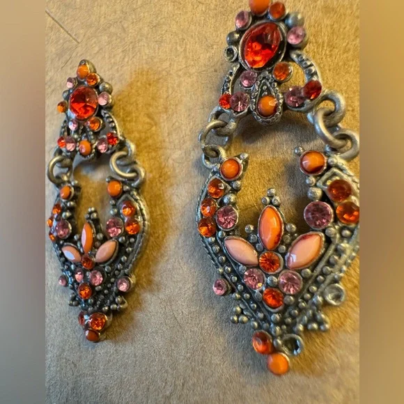 Elegant Silver and Orange Dangle Earrings - Picture 2 of 5